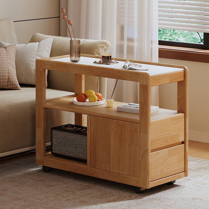 Swivel Wheel Base Rectangular Stone/Vitreous Chairside Table with 2 Shelves, 2 Drawers Included/Not Included