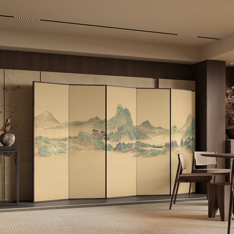 Oatmeal Opaque Compact Room Divider with Lumber Frame, 5/4 Panels, Double Sided Print, Freestanding