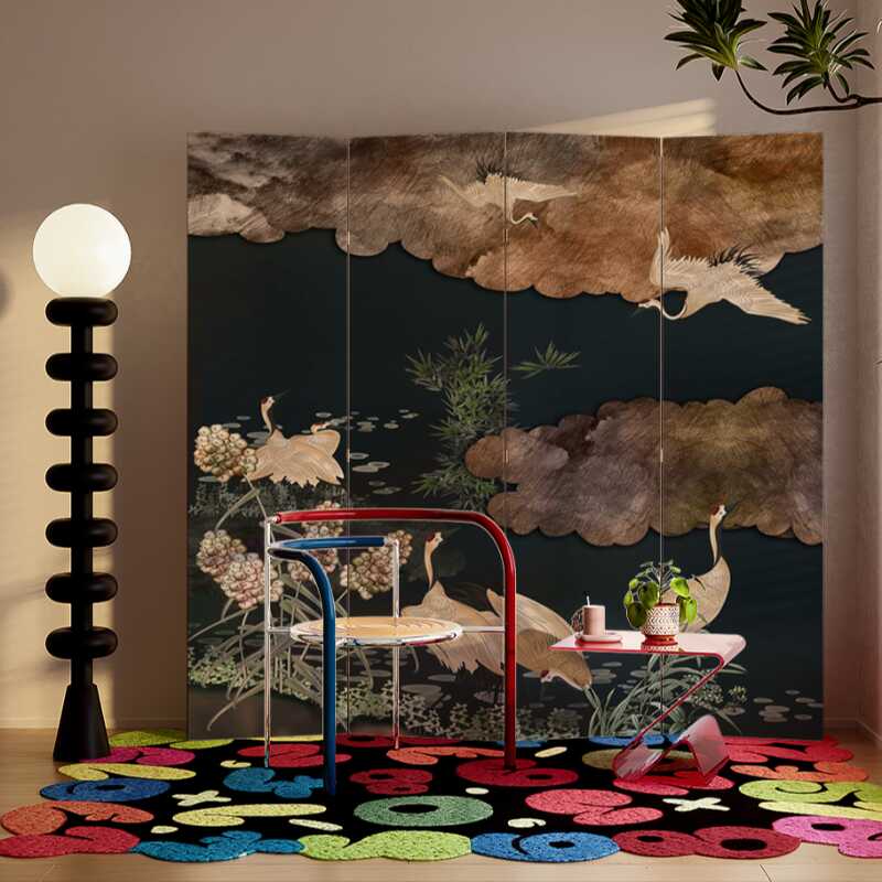 Portable Wood Frame Black Indoor Opaque Double Sided Print Partition Screen with 5 Panels/3 Panels/4 Panels