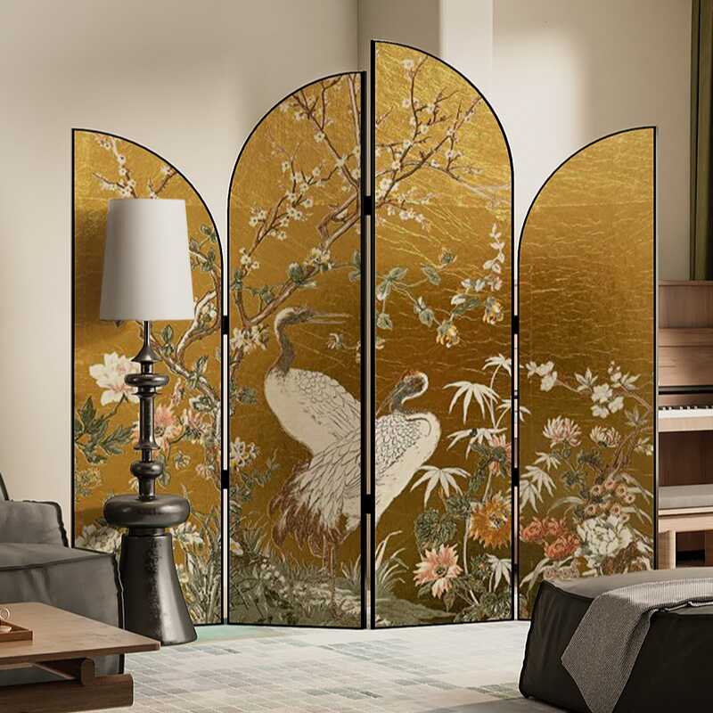 Room Divider Partition in Aureate Opaque Folding Design with Wood Frame, 4 Panels/3 Panels, Double Sided Print, and Independent Free Standing