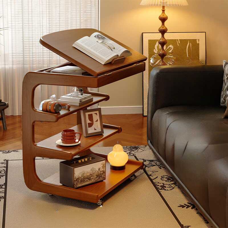Wheel Base Unfinished Colour/Sepia Natural Rectangular Chairside Table with Portable Wheel and Shelf in a Trendy Style