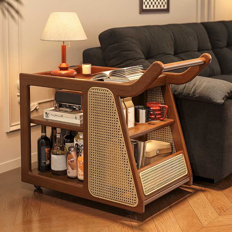 Natural Wood Chairside Table with Swivel Wheels in Cocoa/Natural Colour, Rectangular Tray Top with Shelf