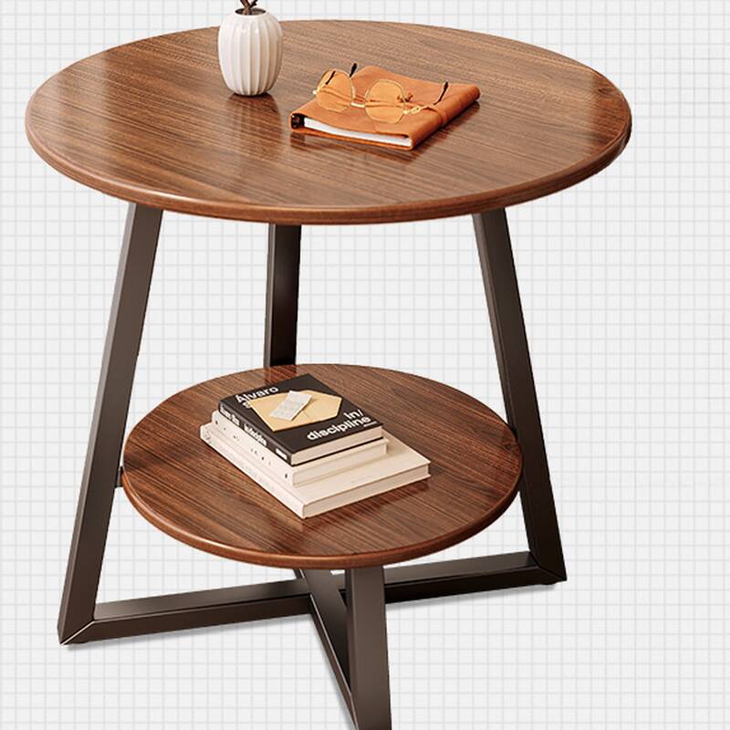Modern Simple Style Orbicular Sepia Wood Chairside Table with Cross-side Base and Shelf