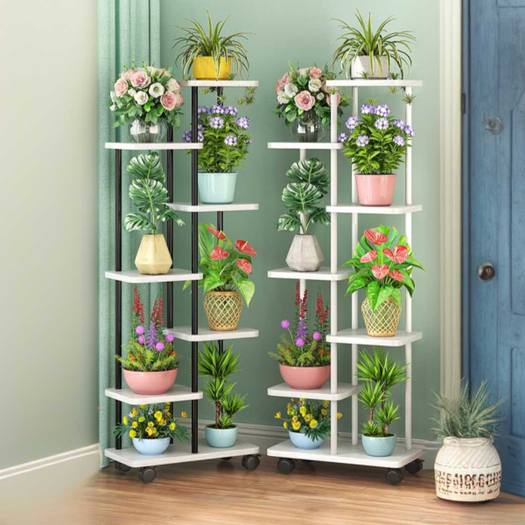 Contemporary Rectangle Multi-Level Wooden Plant Holder with 8/7/6 Shelves and Roller Wheels