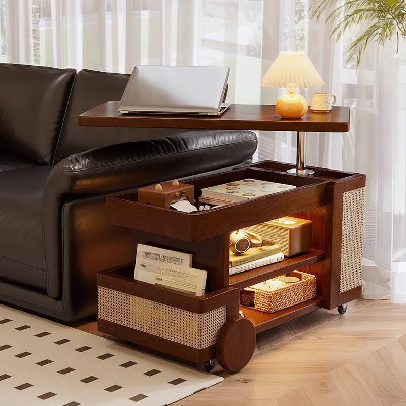 Multi-levelled Wheeled Midnight Black/White/Brown Rectangle Sintered Stone/Lumber Chairside Table with Wheel Base and Shelf