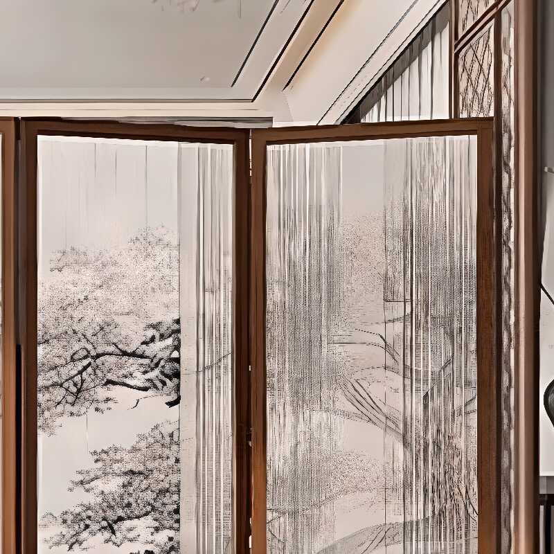 Sepia Opaque Compact Room Divider with Lumber Frame and 5 Panels/4 Panels, Double Sided Print, Detached