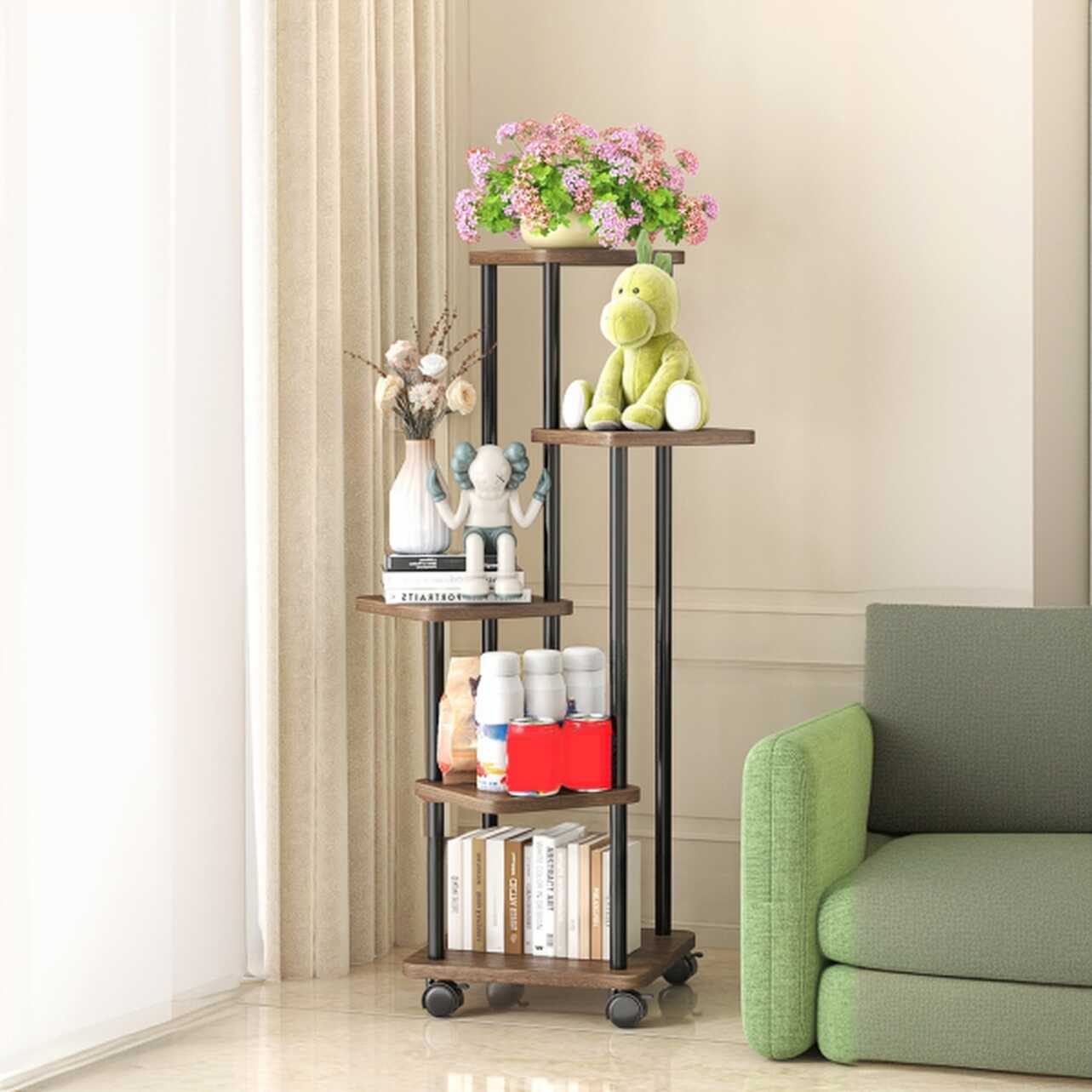 Contemporary Timber Rectangle Plant Stand with Shelf, Rolling Included/Not Included