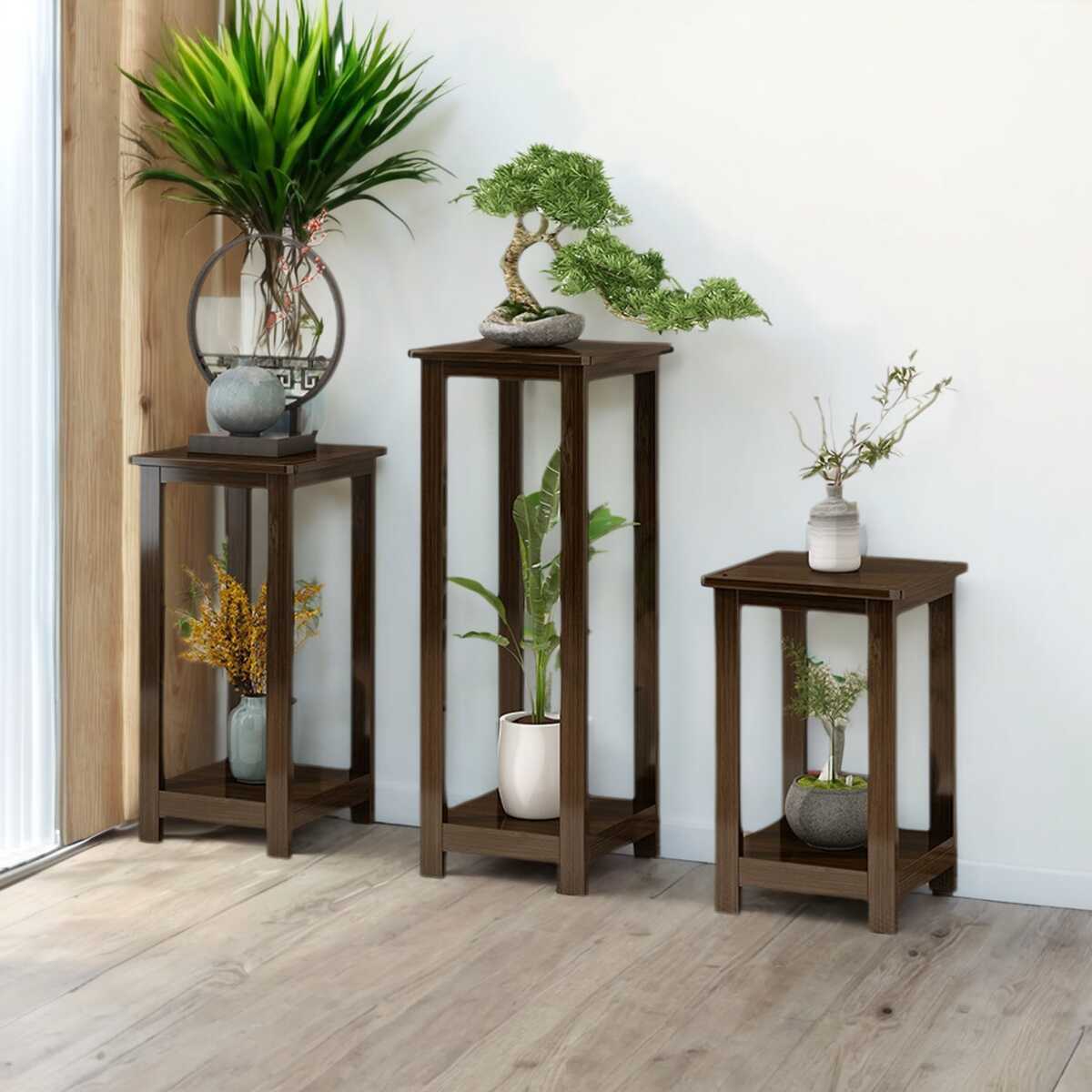 Minimalist Square Wooden Plant Stand Side Table, Floor Mounted