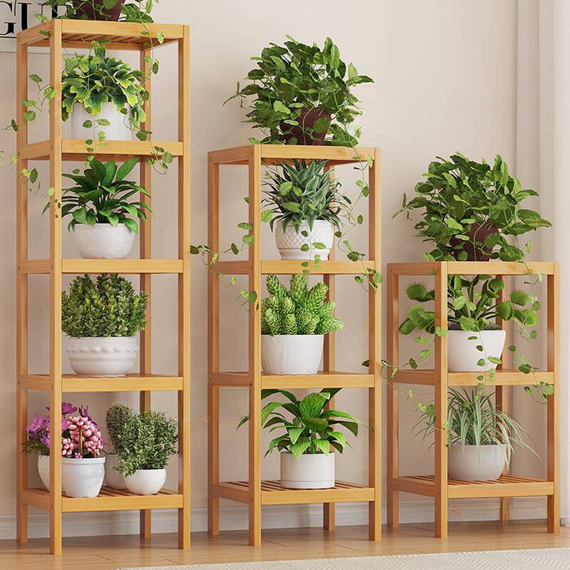 Minimalist Rectangle Multi-Tiered Wooden Flower Rack, Floor Mounted