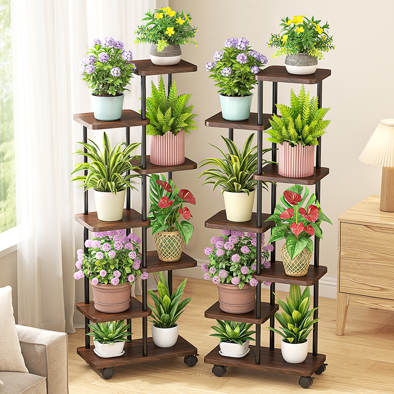Minimalist Rectangle Multi-Tiered Wooden Flower Rack with 8/7/6 Shelves and Casters