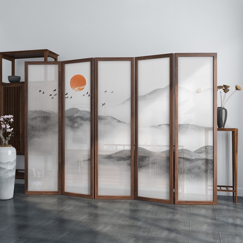 Modern Simple Style Translucent Folding Room Divider Partition with 5 Panels, Double Sided Print, Gauze Material, and Independent Free Standing