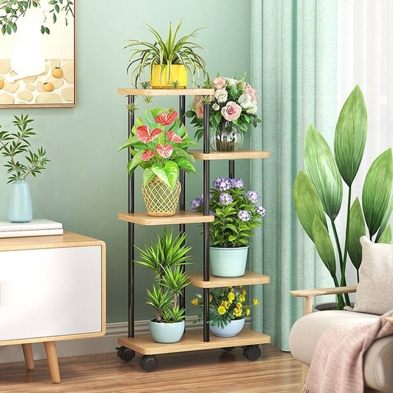 Art Deco Multi-Tiered Wooden Rectangle Plant Holder with 8 Shelves/7 Shelves/6 Shelves and Rollers