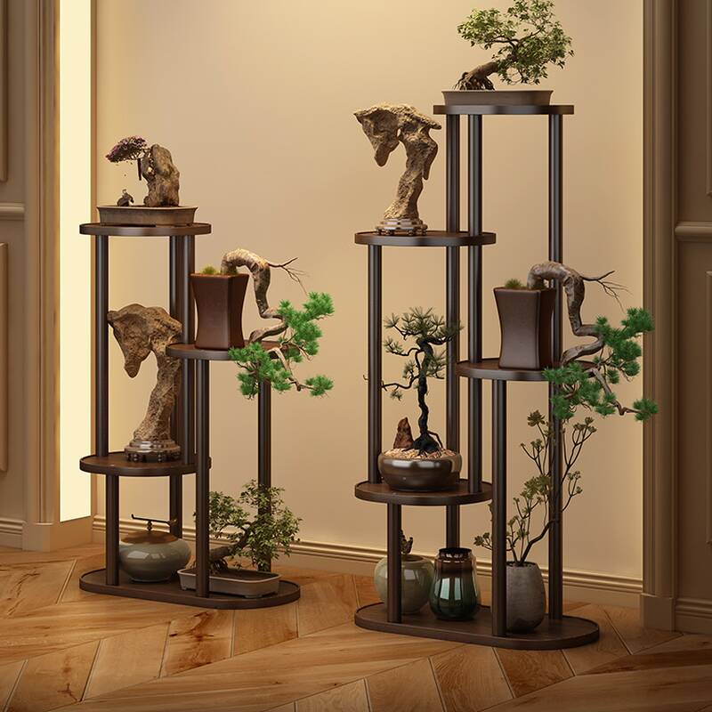 Multi-Level Wood Floor Mounted Oval Plant Shelf in a Trendy Style