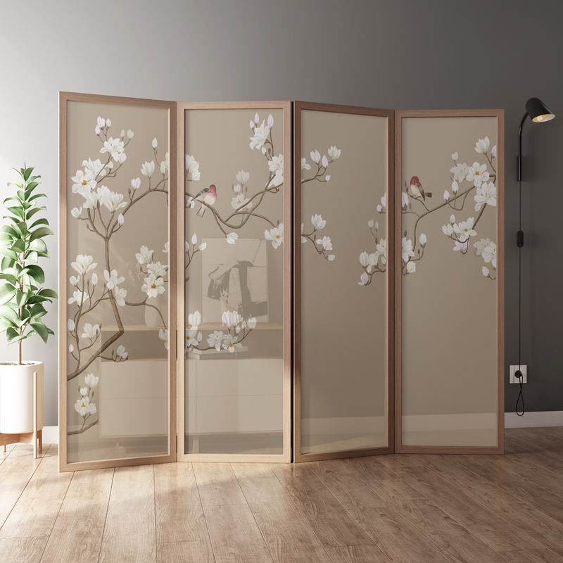 Unfinished Translucent Gauze Room Divider with Double Sided Print, Compact 4 Panels, Detached