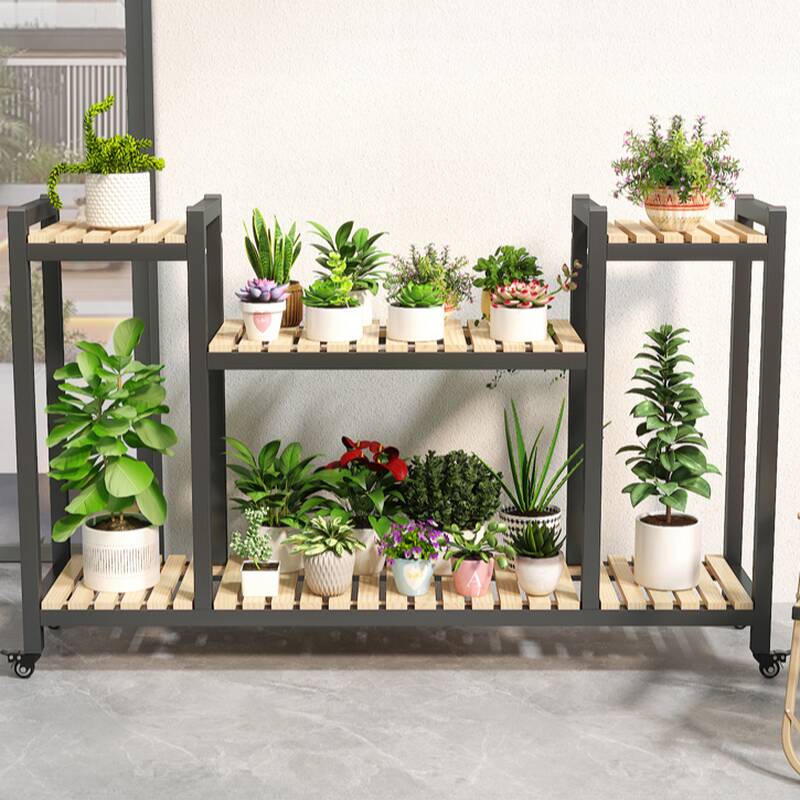 Modish Rectangle Lumber Multi-Tier Flower Stand with Casters