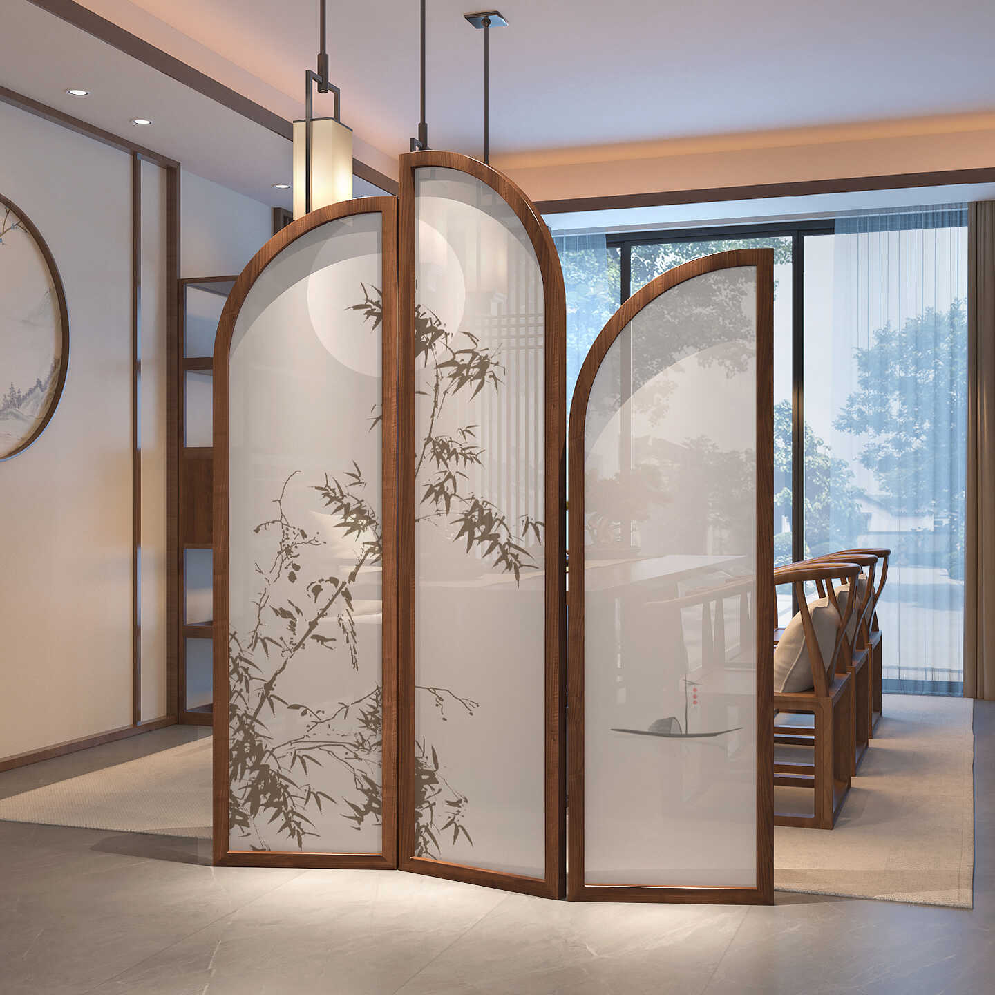 Room Divider Partition in Cocoa Translucent Folding Design with 3 Panels, Double Sided Print, Gauze Material, and Independent Free Standing