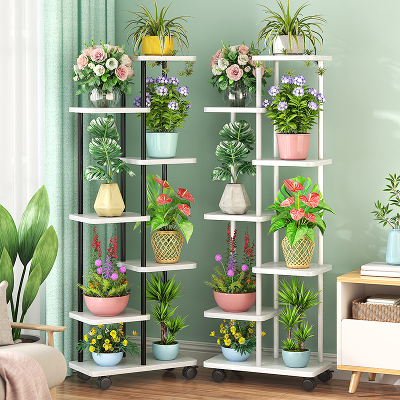 Contemporary Rectangle Multi-Level Plant Holder with Marble Stone Top and Roller Wheels, Featuring 8/7/6 Shelves