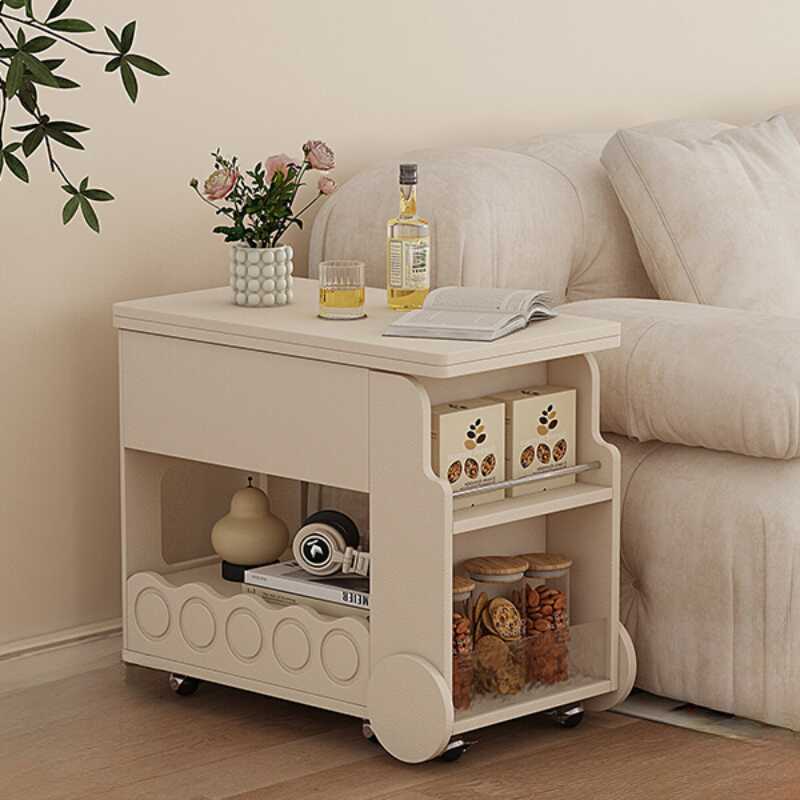 Reclaimed Wood Chairside Table with Wheel Base in Black/Chalk/Cocoa, Space-saving Design with Swivel Wheels, Rectangular Drawer