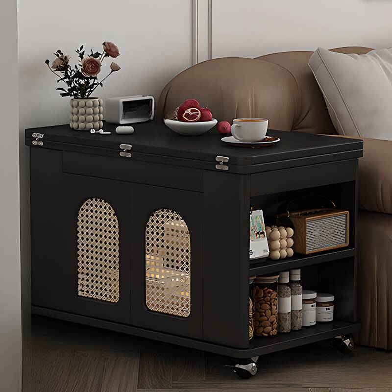 Portable Wheel Chairside Table in Black/White with Space-saving Foldable Design, Rectangular Shape, Shelf, and Hutch