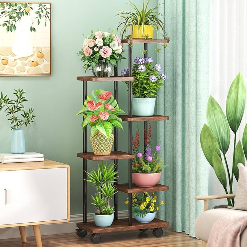 Modish Multi-Tier Rectangle Flower Stand with Metal Frame, Wooden 8 Shelves/7 Shelves/6 Shelves and Rollers