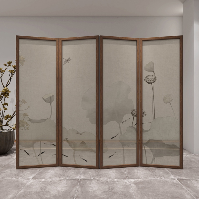 Room Divider Partition in Cocoa Translucent Folding Design with 3 Panels/4 Panels, Double Sided Print, Gauze Material, and Independent Free Standing