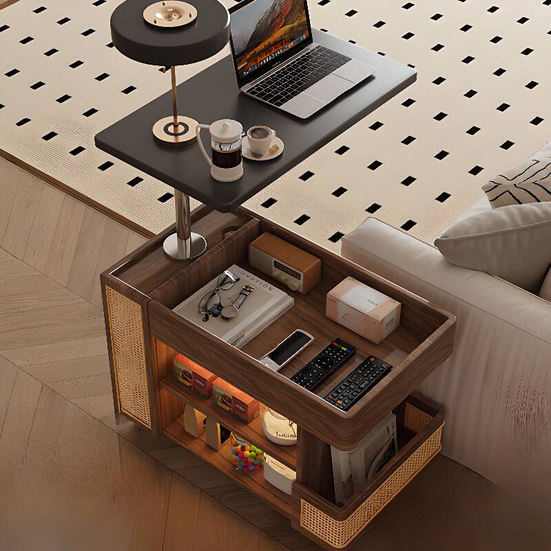 Flexible Height Rectangular Black/White Wood Chairside Table with Portable Wheel Base and Shelf