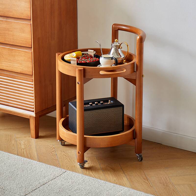 Auburn/Natural Lumber Round Tray Top Chairside Table with Swivel Wheels, Shelf and Wheel Base