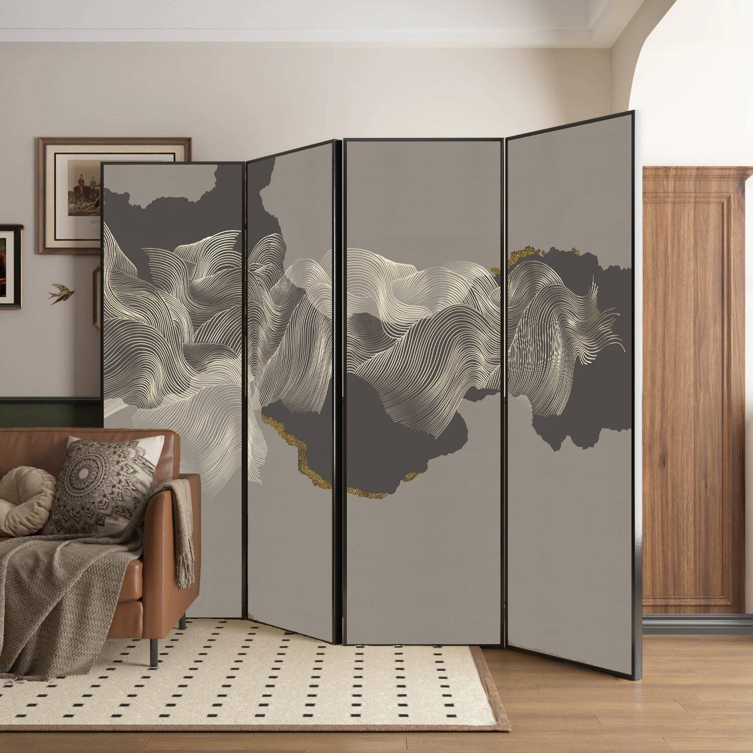 Light Gray Room Divider with Opaque Light Filtration, Compact Lumber Frame, 4 Panels, Double Sided Print, and Detached Design