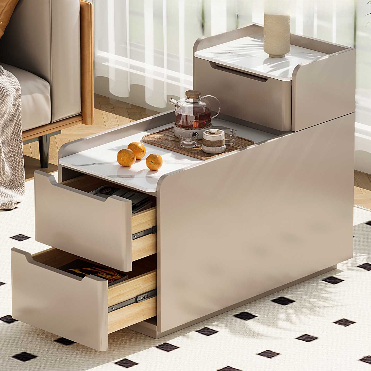 Classic Chalk Rectangle Stone Chairside Table with Block Base and 3 Drawers, Table Only