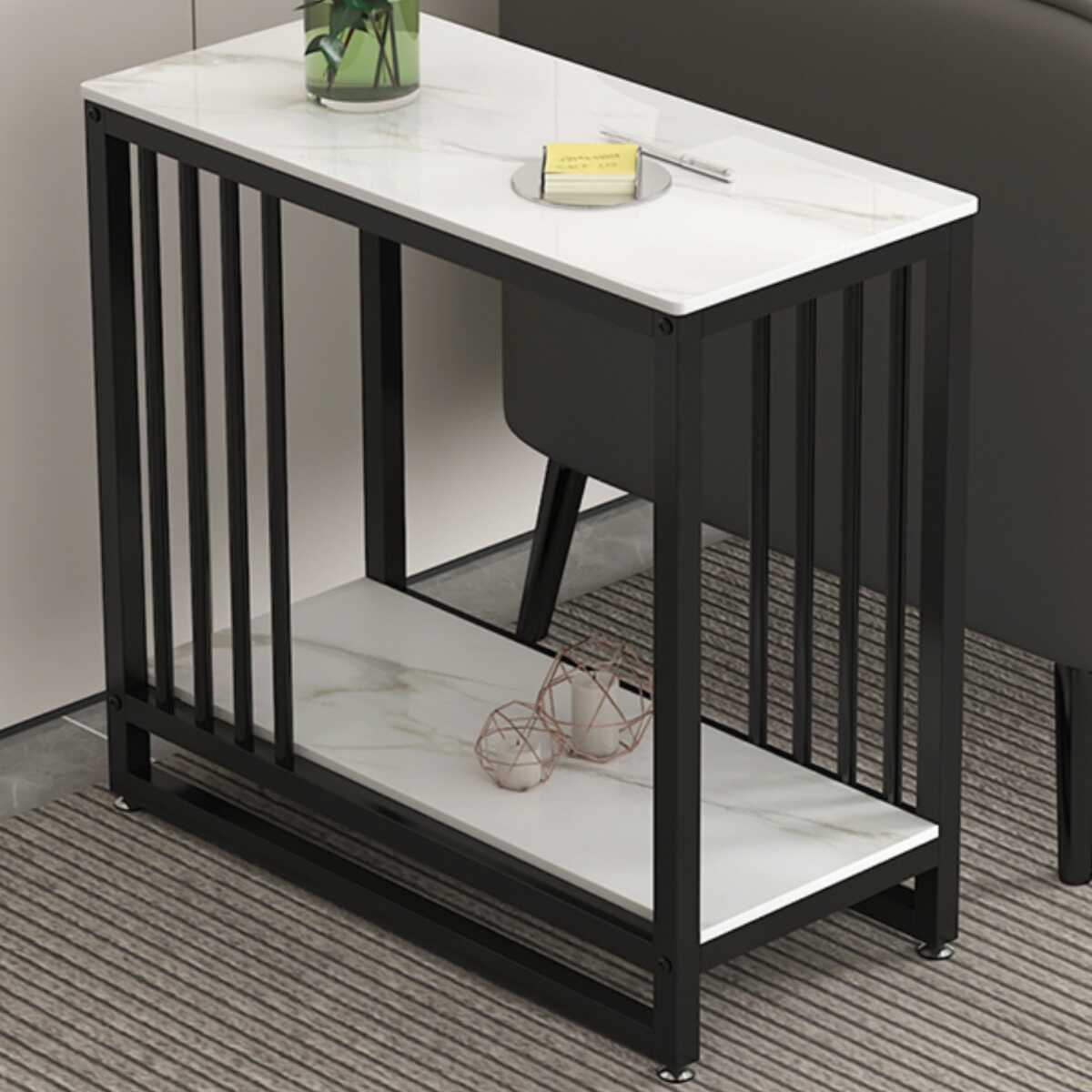 Modern Simple Style Chairside Table Only with Sintered Stone Top, Trestle Base, Rectangular/Square Shape, and Shelf