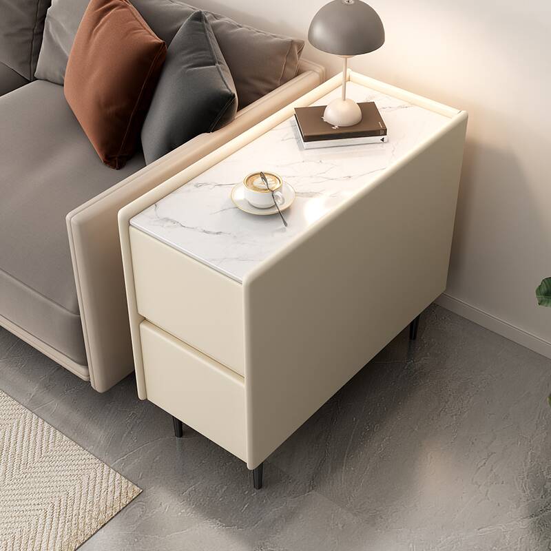 Modish 4 Legs Chairside Table with a White Sintered Stone Rectangle Top and 2 Drawers, Table Only