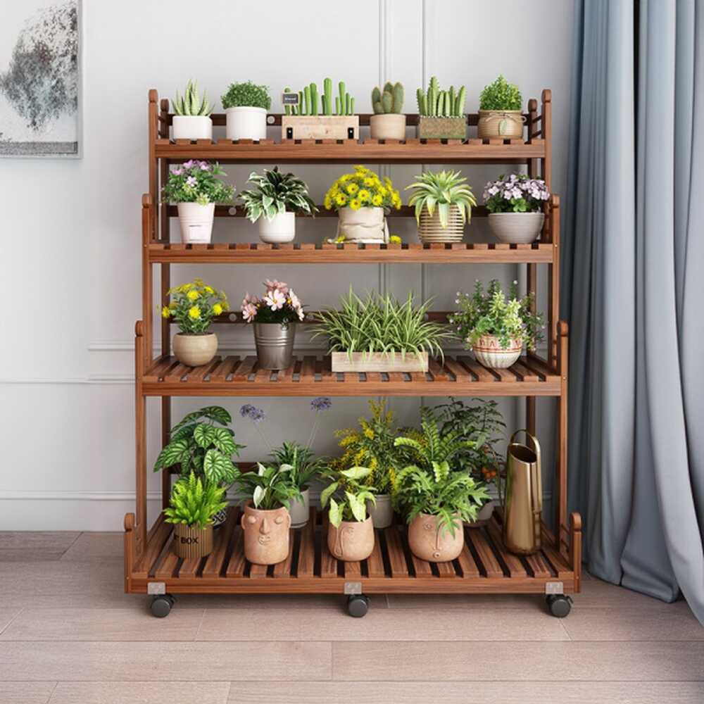Contemporary Multi-Tiered Rectangle Wood Plant Stand with Casters