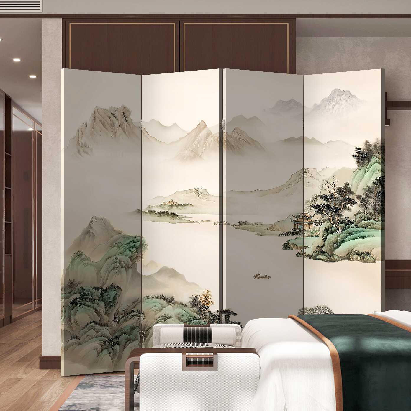 Room Divider in Art Deco Style with Opaque Light Filtration, Compact 4 Panels, Double Sided Print, Paper Material, and Detached Design