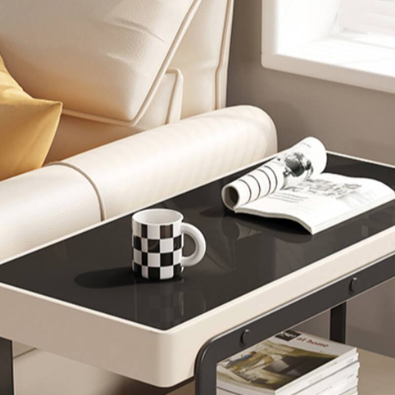 Modern Simple Style Rectangular Black Glass Chairside Table with Portable Wheel Base and Drawer