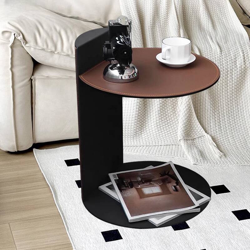 Modern Simple Style Orbicular Chairside Table Only with Sepia Pu C-shape Base and Shelf