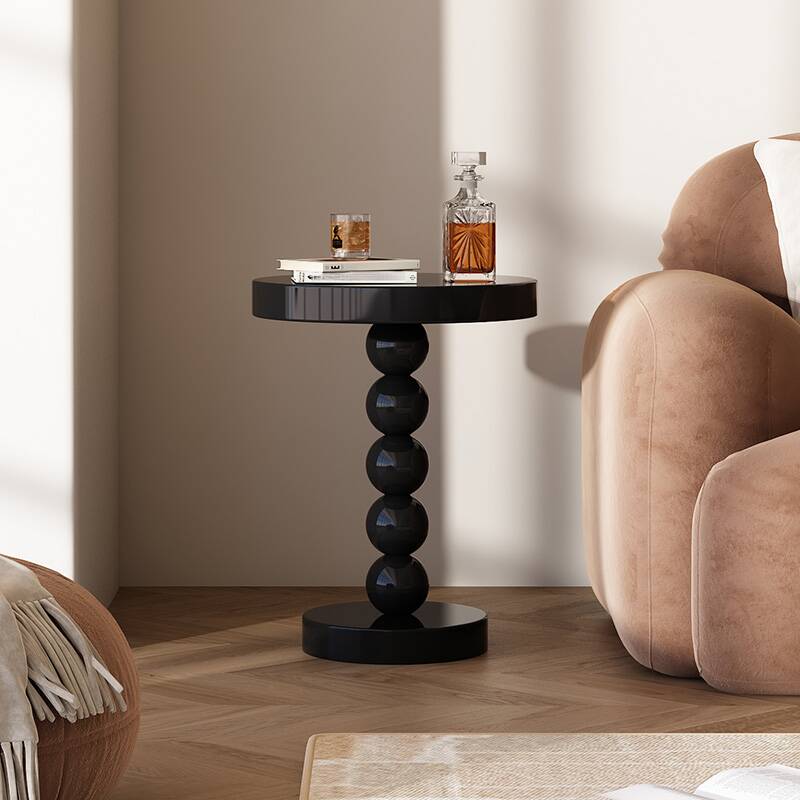 Modern Simple Style Chairside Table - Table Only with Natural Wood Top and Pedestal Base in Black/White Orbicular Design
