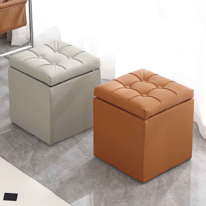 Contemporary Square Solid Colour Storage Ottoman in Leatherette with Olive Green/Cocoa/Citrus Colour Upholstery and Button-tufted Stockroom