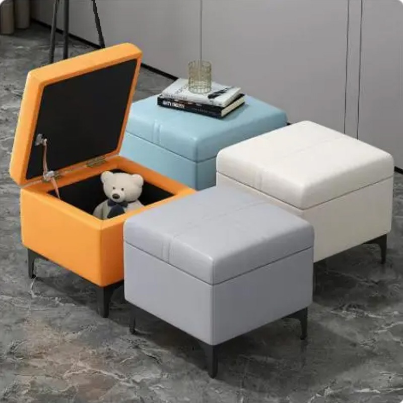 Contemporary Square Solid Colour Storage Ottoman in Leatherette with Dove Grey/Chalk/Citrus Colour Upholstery and Stockroom Storage