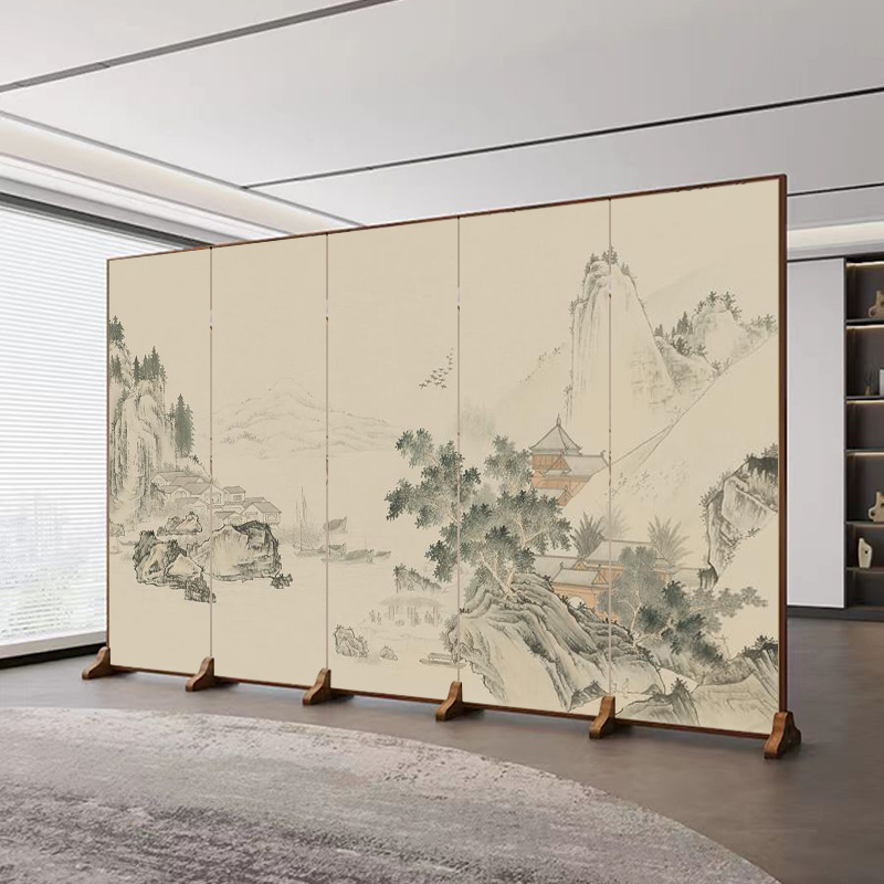 Simple Opaque Pop Up Wood Room Screen with 5 Panels, Double Sided Print, and Unfixed Design