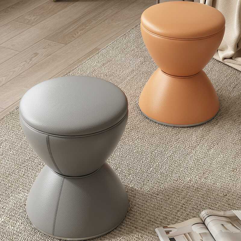 Contemporary Rounded Solid Colour Standard Ottoman in Leatherette with Dove Grey/Citrus Colour/Beige Upholstery
