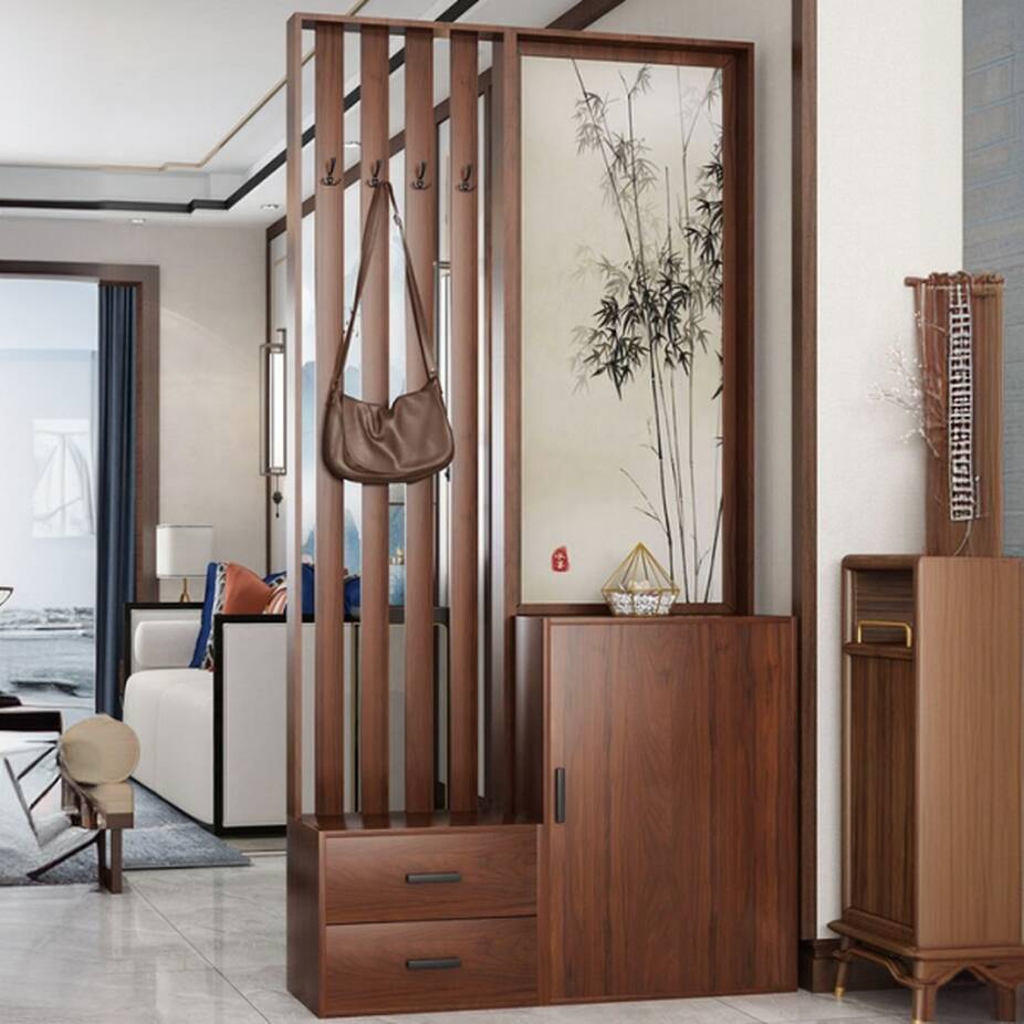 Room Divider Partition in Cocoa with Transparent Gauze Bookshelf, Featuring Shelf and Double Sided Print, Available in 3 Panels/2 Panels