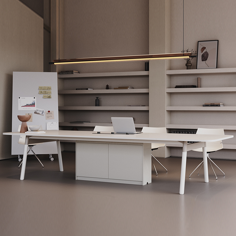 Art Deco Chalk Rectangle Manufactured Wood Office Conference Table for Seating for 10/8-seater/Seats 12+, Integrated Power Outlet