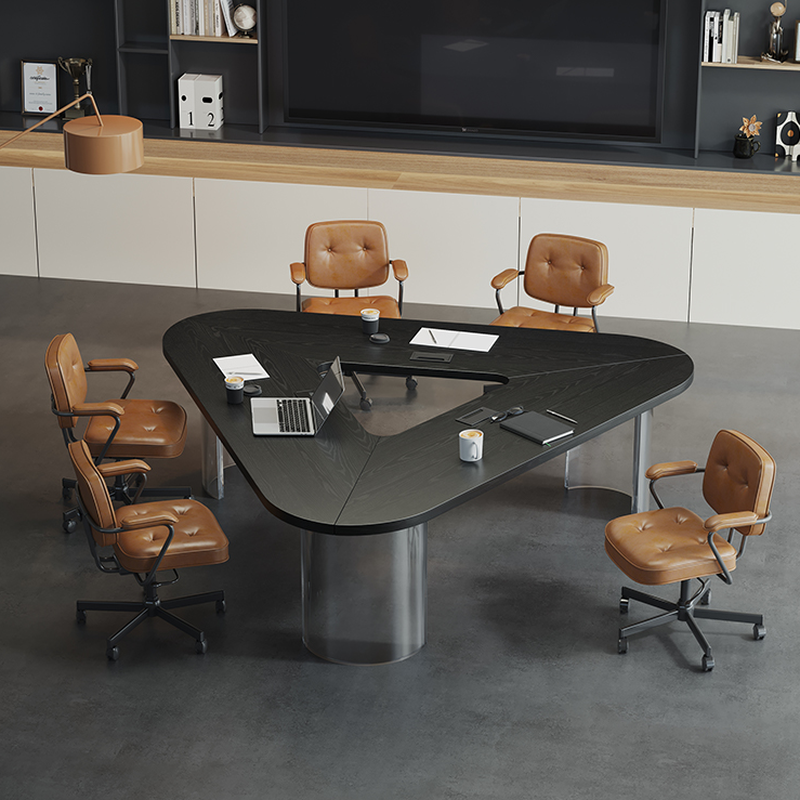 Casual Solid Wood Midnight Black Asymmetrical Conference Room Table with Cable Management for 8/6-seater/Seating for 4