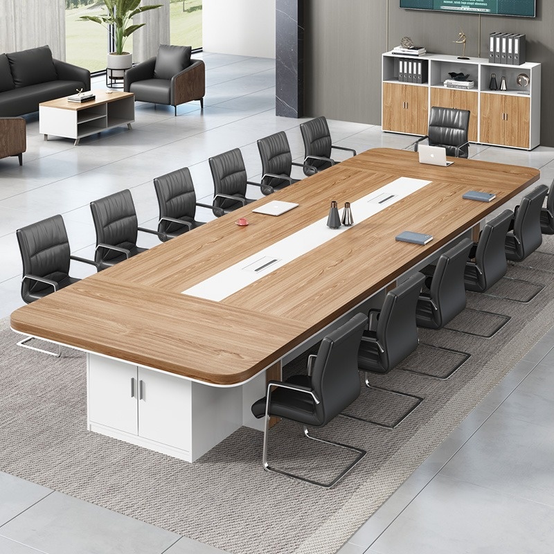Simplistic Rectangle Natural Finish Manufactured Wood Meeting Table with Wire Management for Seats 12+/10 People/8-seater