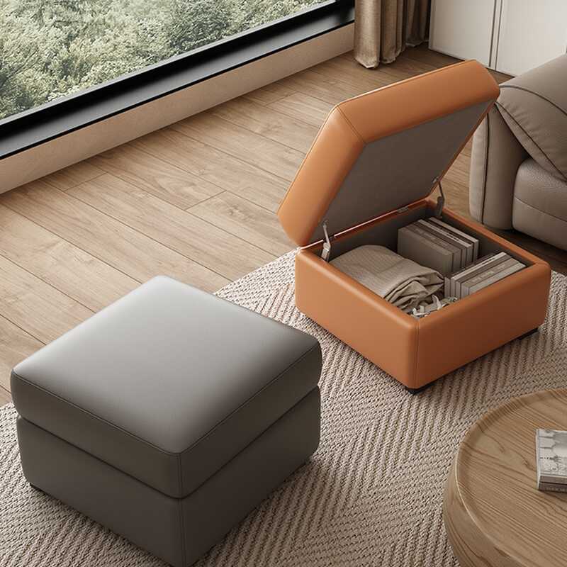 Contemporary Square/Rectangle Solid Colour Storage Ottoman in Genuine Leather with Ink/Dove Grey/Citrus Colour Upholstery and Stockroom