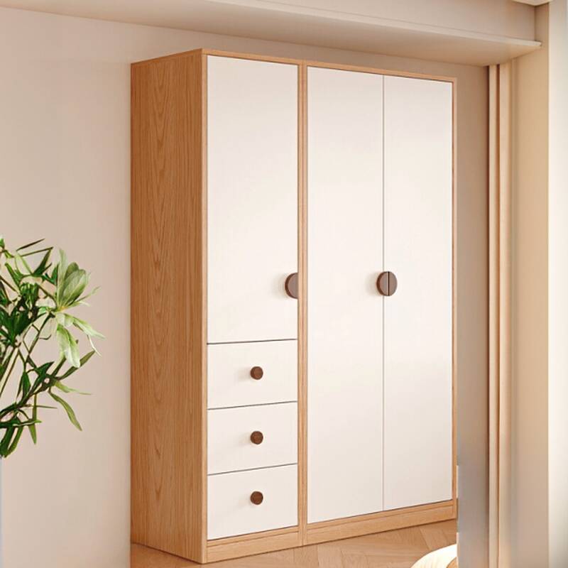 White Simple Self-supporting Wardrobe in Solid Oak with Soft Close Drawer, Soft Close Door, and Interior Shelves