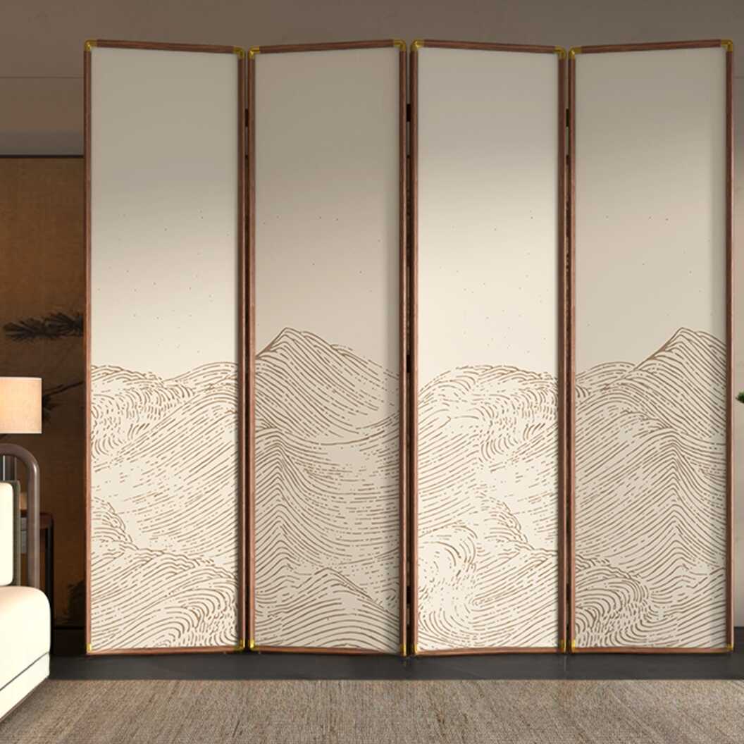 Cocoa Opaque Wood Folding Room Divider Partition with 5/6/4 Panels, Double Sided Print, and Independent Free Standing