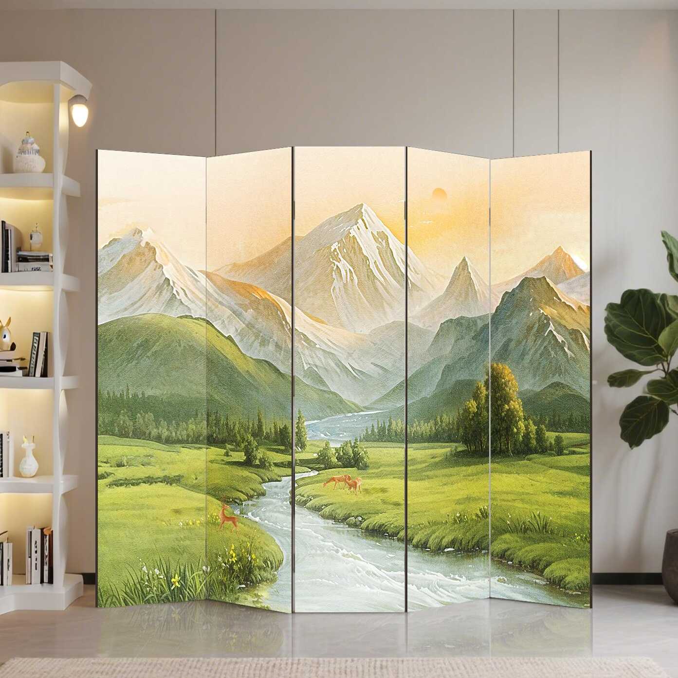 Room Divider Partition in Modern Simple Style with Opaque Folding Wood Frame, Available in 5 Panels/4 Panels/3 Panels, Double Sided Print, and Independent Design