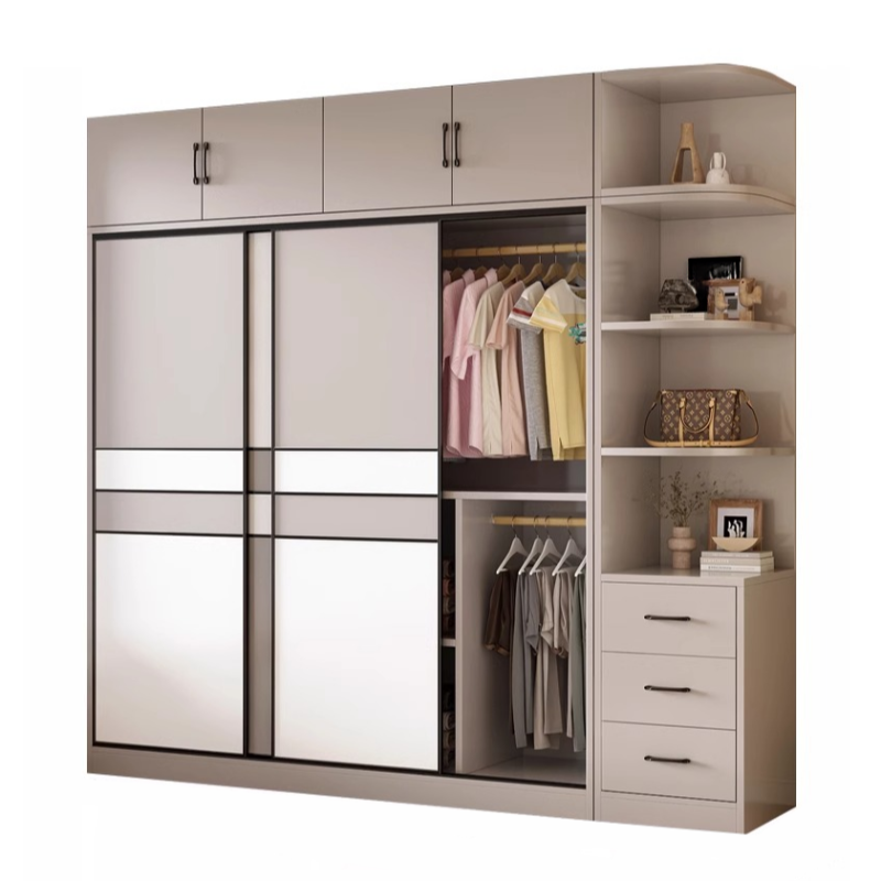 Gray Simple Wooden Self-supporting Wardrobe with Soft Close Drawer, Soft Close Door, and Interior Shelves
