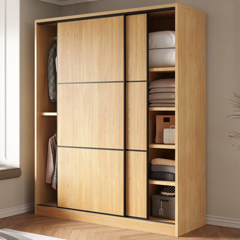 Wood Grain Simple Wooden Self-supporting Wardrobe with Soft Close Door, Interior Shelves, and Hanging Rod